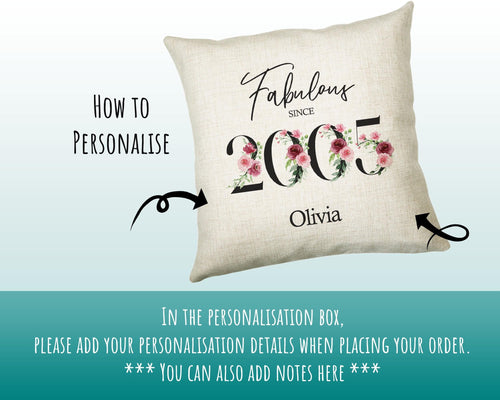 21st Birthday Gift for Women - Personalised 2005 Birthday Cushion Age 21 Gift for Her Lady Floral Design Daughter Sister Twenty One BNC21C