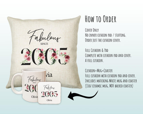 21st Birthday Gift for Women - Personalised 2005 Birthday Cushion Age 21 Gift for Her Lady Floral Design Daughter Sister Twenty One BNC21C