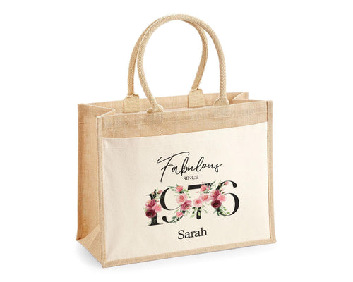 50th Birthday Gift For Women Personalised Jute Bag - Gift For Her Floral Tote Bag Gifts - Fifty 50 Fabulous Since 1976 Shopping Bag BNC50T