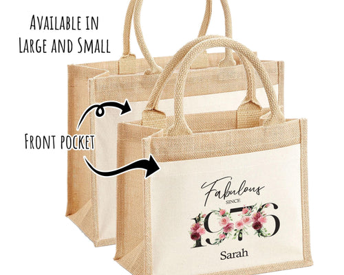 50th Birthday Gift For Women Personalised Jute Bag - Gift For Her Floral Tote Bag Gifts - Fifty 50 Fabulous Since 1976 Shopping Bag BNC50T