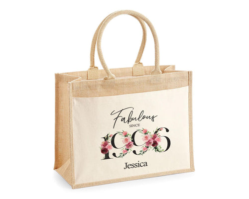 30th Birthday Gift For Her Personalised Jute Bag - Gift For Women Floral Tote Bag Gifts - Thirty 30 Fabulous Since 1996 Shopping Bag BNC30T