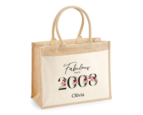 18th Birthday Gift For Women Personalised Jute Bag - Gift For Her Floral Tote Bag Gift - Eighteen 18 Fabulous Since 2008 Shopping Bag BNC18T