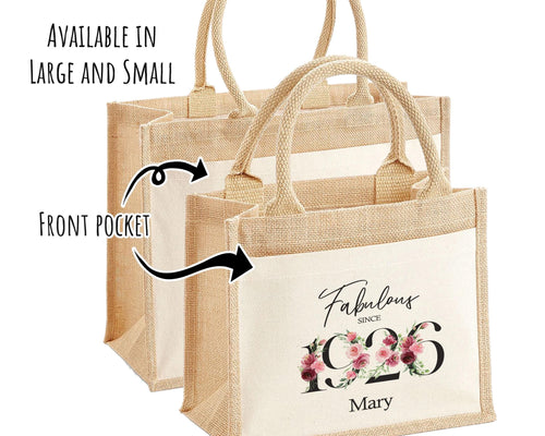 100th Birthday Gift For Women Personalised Jute Bag - Gift For Her Floral Tote Bag Gifts - Hundred Fabulous Since 1926 Shopping Bag BNC100T