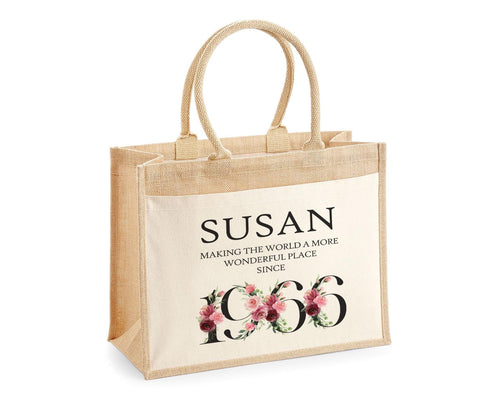 60th Birthday Gift For Women Personalised Jute Bag - Gift For Her Floral Tote Bag Gifts - Sixty 60 Wonderful Since 1966 Shopping Bag BND60T