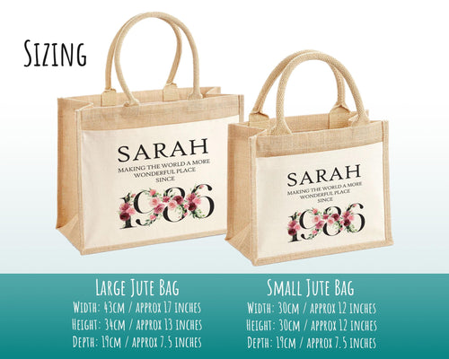 40th Birthday Gift For Women Personalised Jute Bag - Gift For Her Floral Tote Bag Gifts - Forty 40 Wonderful Since 1986 Shopping Bag BND40T