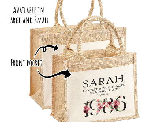 40th Birthday Gift For Women Personalised Jute Bag - Gift For Her Floral Tote Bag Gifts - Forty 40 Wonderful Since 1986 Shopping Bag BND40T