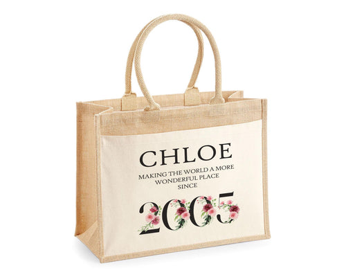 21st Birthday Gift For Women Personalised Jute Bag - Gift For Her Floral Tote Bag - Twenty One 21 Wonderful Since 2005 Shopping Bag BND21T