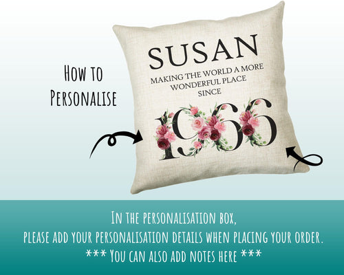 60th Birthday Gift for Women - Personalised 1966 Birthday Cushion Age 60 Gift for Her - Ladies Floral Age Design Mum Nan Gran Sixty BND60C