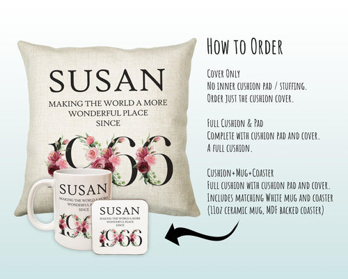 60th Birthday Gift for Women - Personalised 1966 Birthday Cushion Age 60 Gift for Her - Ladies Floral Age Design Mum Nan Gran Sixty BND60C