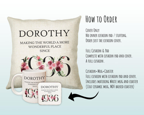 90th Birthday Gift for Women - Personalised 1936 Birthday Cushion Age 90 Gift for Her - Ladies Floral Age Design Mum Nan Gran Ninety BND90C
