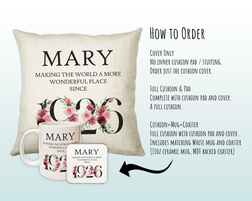 100th Birthday Gift for Women - Personalised 1926 Birthday Cushion Age 100 Gift for Her - Ladies Floral Design Mum Nan Gran Hundred BND100C