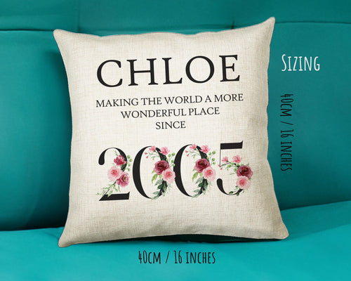 21st Birthday Gift for Women - Personalised 2005 Birthday Cushion Age 21 Gift for Her Lady Floral Design Daughter Sister Twenty One BND21C