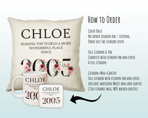 21st Birthday Gift for Women - Personalised 2005 Birthday Cushion Age 21 Gift for Her Lady Floral Design Daughter Sister Twenty One BND21C