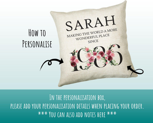40th Birthday Gift for Women - Personalised 1986 Birthday Cushion Age 40 Gift for Her Ladies Floral Design Mum Daughter Sister Forty BND40C