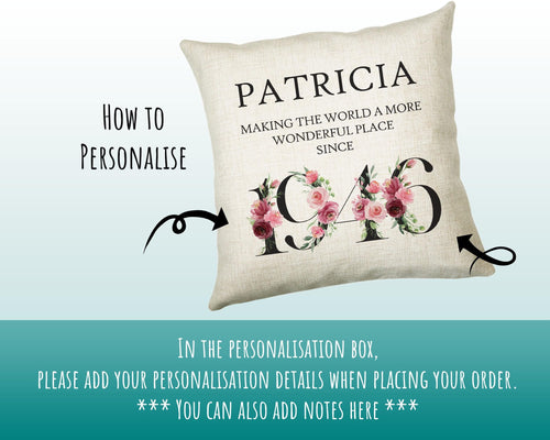 80th Birthday Gift for Women - Personalised 1946 Birthday Cushion Age 80 Gift for Her - Ladies Floral Age Design Mum Nan Gran Eighty BND80C