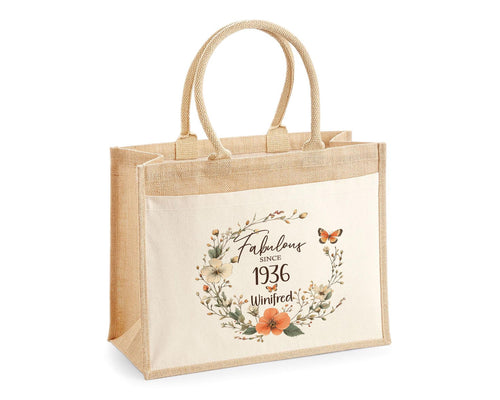 90th Birthday Gift For Women Personalised Jute Bag - Gift For Her Floral Tote Bag Gifts - Ninety 90 Fabulous Since 1936 Shopping Bag BNL90T