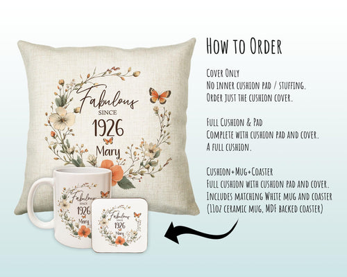 100th Birthday Gift for Women - Personalised 1926 Birthday Cushion Age 100 Gift for Her - Ladies Floral Design Mum Nan Gran Hundred BNL100C