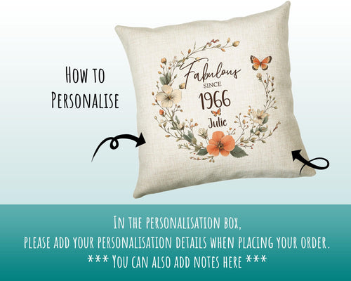 60th Birthday Gift for Women - Personalised 1966 Birthday Cushion Age 60 Gift for Her - Ladies Floral Age Design Mum Nan Gran Sixty BNL60C