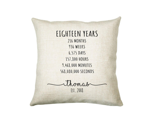 18th Birthday Gift for Men - Personalised Birthday Cushion Age 18 Gift for Him Mens Years Months Weeks Design - Son Brother Eighteen BNE18C