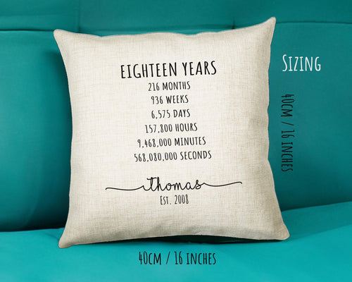 18th Birthday Gift for Men - Personalised Birthday Cushion Age 18 Gift for Him Mens Years Months Weeks Design - Son Brother Eighteen BNE18C