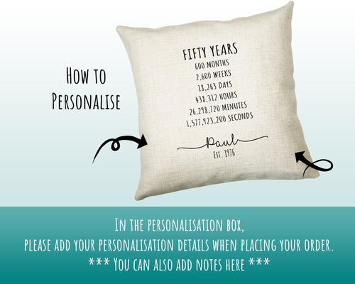 50th Birthday Gift for Men - Personalised Birthday Cushion Age 50 Gift for Him Mens Years Months Weeks Design Son Brother Fifty 1976 BNE50C