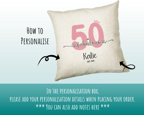 50th Birthday Gift for Women 50 and Fabulous Est 1976 Personalised Birthday Cushion Gift for Her Ladies Pink Design Mum Nanny Fifty BNH50C