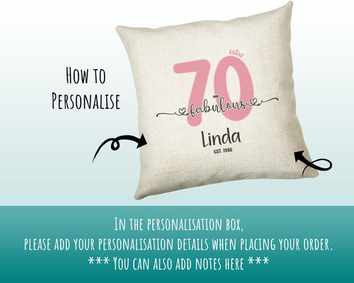 70th Birthday Gift for Women 70 and Fabulous Est 1956 Personalised Birthday Cushion Gift for Her Ladies Pink Design Mum Nanny Seventy BNH70C