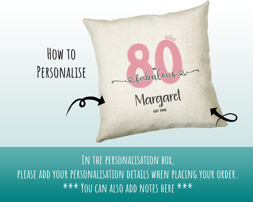 80th Birthday Gift for Women 80 and Fabulous Est 1946 Personalised Birthday Cushion Gift for Her Ladies Pink Design Mum Nanny Eighty BNH80C