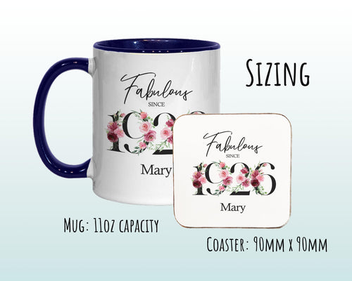 100th Birthday Gift for Women - Fabulous Since 1926 Personalised Coffee Mug Coaster 100 Gift for Her - Ladies Floral Design Nan Gran BNC100M