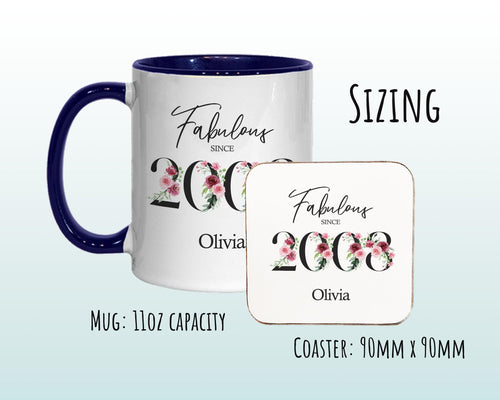 18th Birthday Gift for Her - Fabulous Since 2008 Personalised Coffee Mug Coaster Age 60 Gift for Women Ladies Floral Design Daughter BNC18M