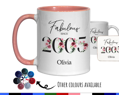 21st Birthday Gift for Her - Fabulous Since 2005 Personalised Coffee Mug Coaster Age 21 Gift for Women Ladies Floral Design Daughter BNC21M
