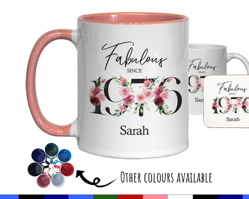 50th Birthday Gift for Women - Fabulous Since 1976 Personalised Coffee Mug Coaster Age 50 Gift for Her - Ladies Floral Design Mum BNC50M