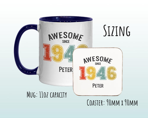 80th Birthday Gift for Men - Awesome Since 1946 Personalised Coffee Mug Coaster Age 80 Gift for Him - Retro Number Design Dad Grandad BNG80M