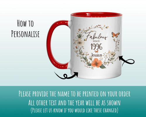 30th Birthday Gift for Her - Fabulous Since 1996 Personalised Mug Coaster Age 30 Gift for Women Ladies Floral Butterfly Daughter Girl BNL30M