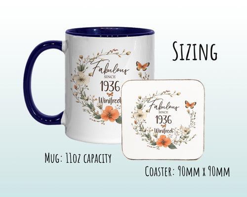 90th Birthday Gift for Women - Fabulous Since 1936 Personalised Mug Coaster Age 90 Gift for Her Ladies Floral Butterfly Mum Nan BNL90M