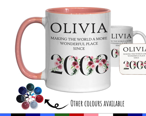 18th Birthday Gift for Her - Wonderful Since 2008 Personalised Coffee Mug Coaster Age 60 Gift for Women Ladies Floral Design Daughter BND18M