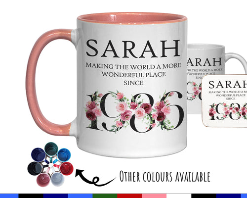 40th Birthday Gift for Women - Wonderful Since 1986 Personalised Coffee Mug Coaster Age 40 Gift for Her Ladies Floral Design Mum Nan BND40M