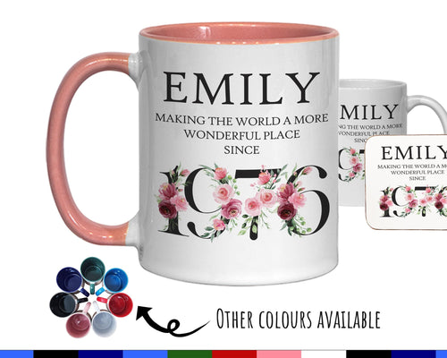 50th Birthday Gift for Women - Wonderful Since 1976 Personalised Coffee Mug Coaster Age 50 Gift for Her - Ladies Floral Design Mum BND50M
