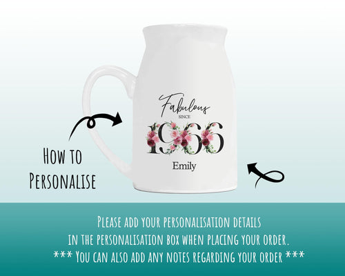 60th Birthday Gift for Women - Fabulous Since 1966 Small Personalised Flower Pot Vase 60 Gift for Her Ladies Floral Design Mum Nan BNC60
