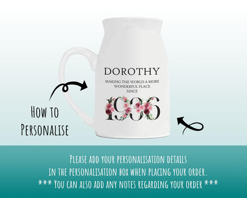 90th Birthday Gift for Women - Wonderful since 1936 Small Personalised Flower Pot Vase 90 Gift for Her Ladies Floral Design Nan Gran BND90