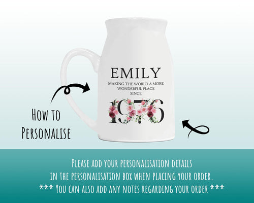 50th Birthday Gift for Women - Wonderful since 1976 Small Personalised Flower Pot Vase 50 Gift for Her Ladies Floral Design Mum Nan BND50