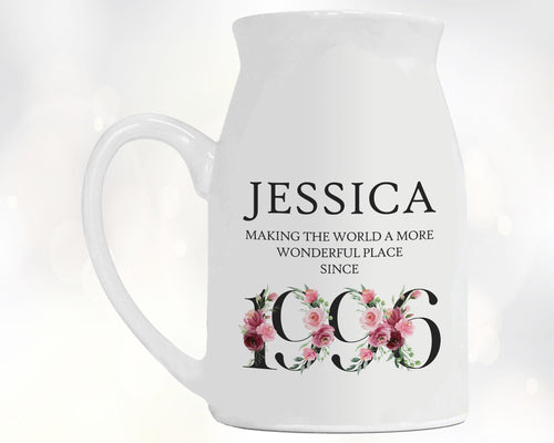 30th Birthday Gift for Her - Wonderful since 1996 Small Personalised Flower Pot Vase 30 Gifts for Women Floral Design Daughter Sister BND30