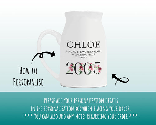21st Birthday Gift for Her - Wonderful since 2005 Small Personalised Flower Pot Vase 21 Gift for Women Floral Design Daughter Sister BND21