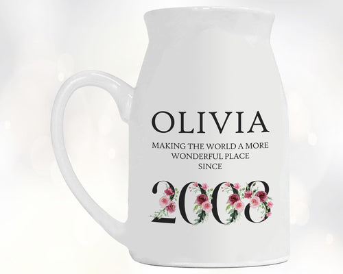 18th Birthday Gift for Her - Wonderful since 2008 Small Personalised Flower Pot Vase 18 Gift for Women Floral Design Daughter Sister BND18