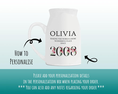 18th Birthday Gift for Her - Wonderful since 2008 Small Personalised Flower Pot Vase 18 Gift for Women Floral Design Daughter Sister BND18