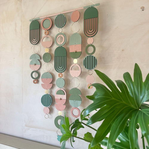 Large MCM Green & Pink Wall Art - Mid-Century Home Decor