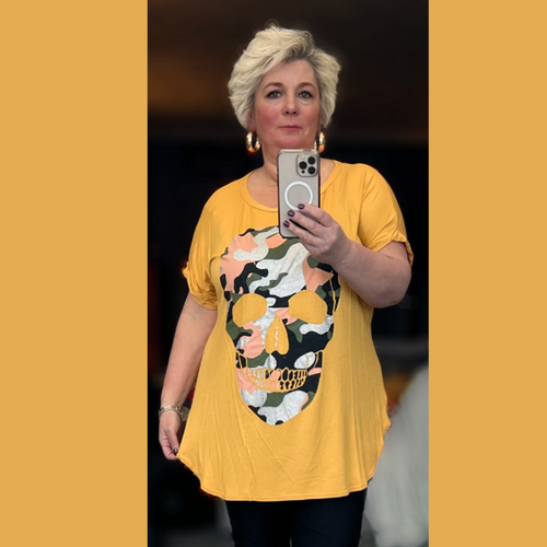 Dipped Hem Short Sleeve Glitter Skull T-Shirt
