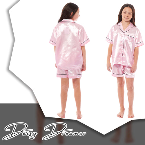 Daisy Dreamer Girls Satin Silk Pyjama Set With Button-Down Shirt And Loose-Fit Pants