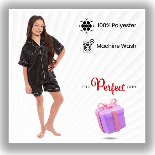 Daisy Dreamer Girls Satin Silk Pyjama Set With Button-Down Shirt And Loose-Fit Pants