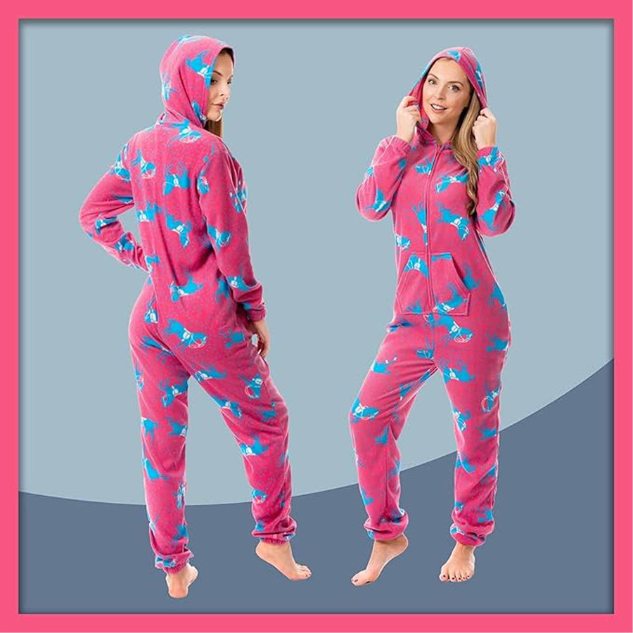 Daisy Dreamer Ladies Hooded Fleece Onesie Pyjamas With Horse Print Zipper Front Elastic